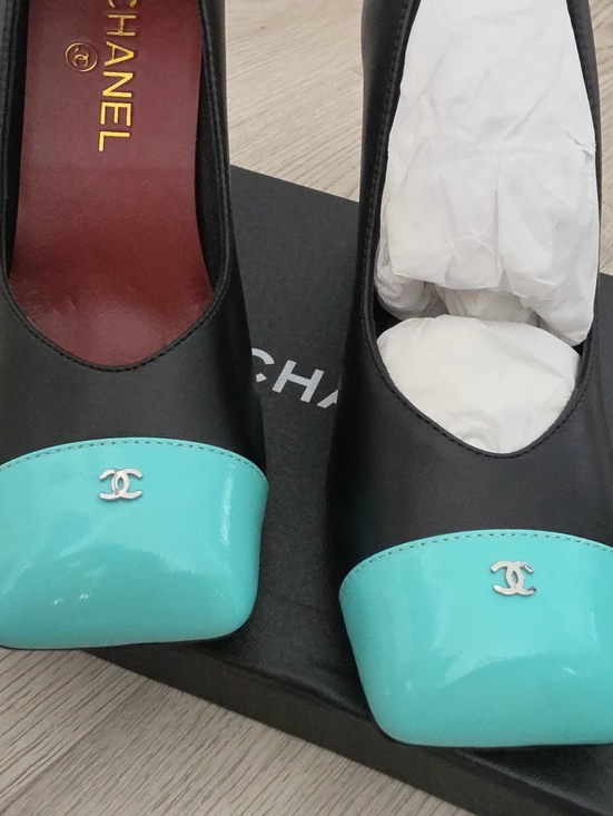 CHANEL Shoes - CHANEL Black Leather Pumps with Turquoise Cap Toe